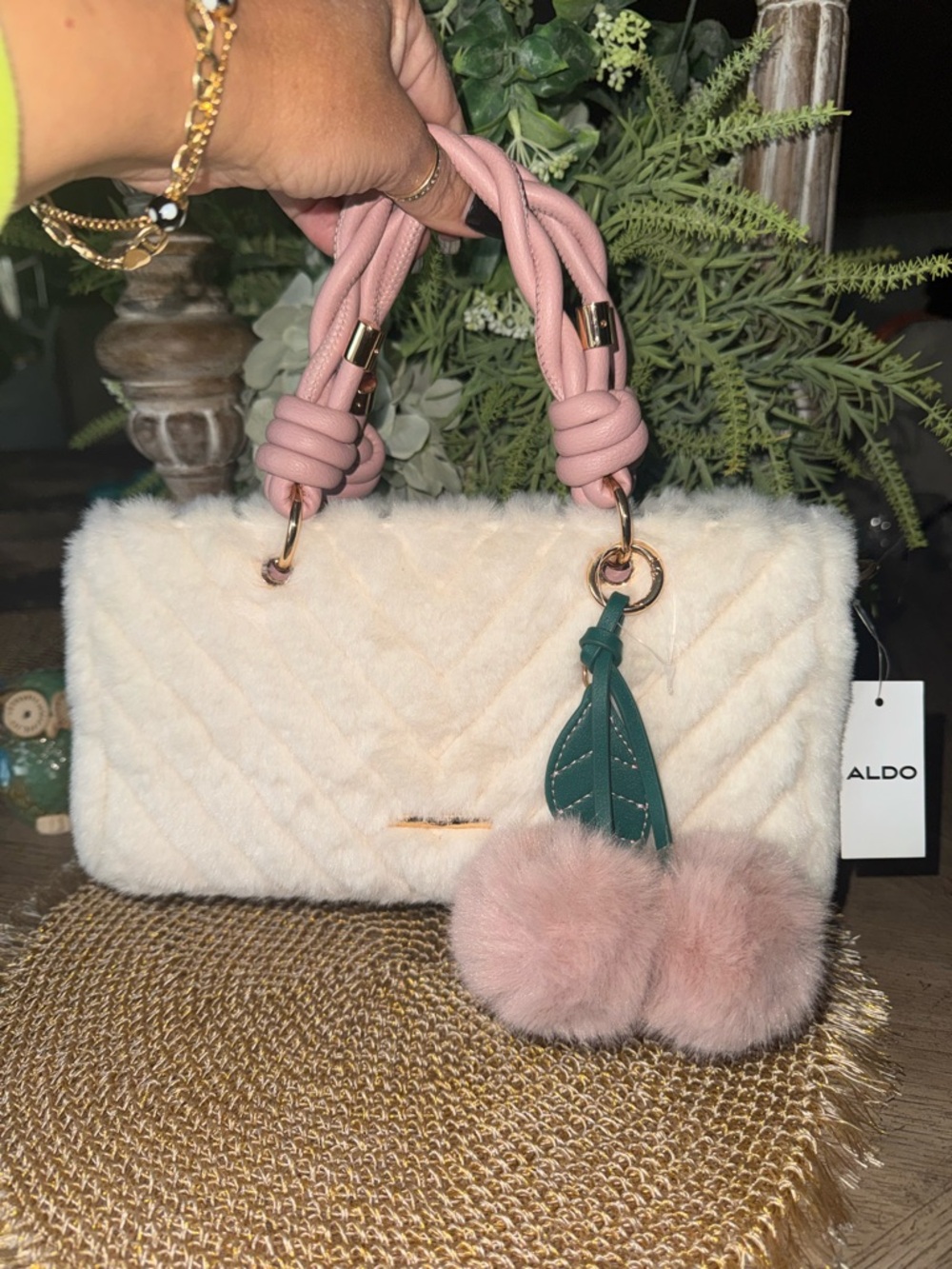 2fer ALDO Faux-Fur Satchel w/ Braided Handles, Leaf Tassel & Juicy Card Holder